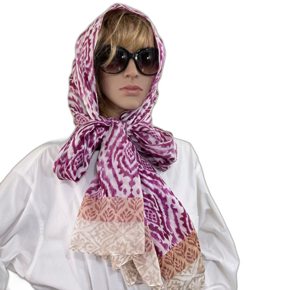 Nordstrom Women’s 100% Silk scarf multifunctional purple brown IKAT print - Picture 1 of 11